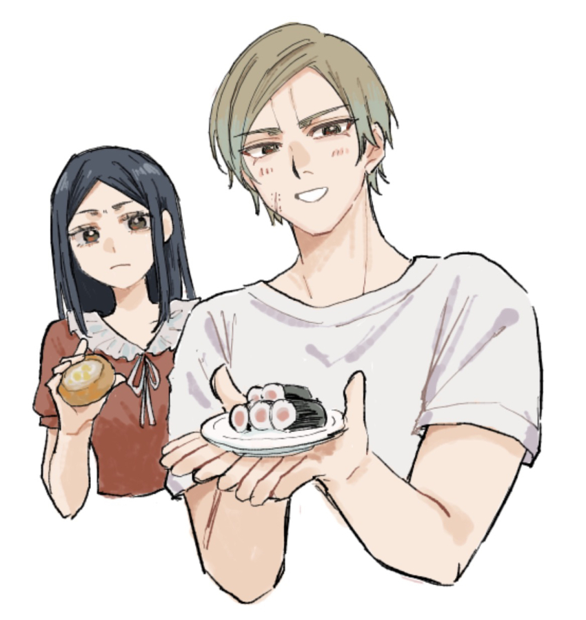 1boy, 1girl, black_hair, brother_and_sister, brown_eyes, brown_hair, commentary_request, dogsred