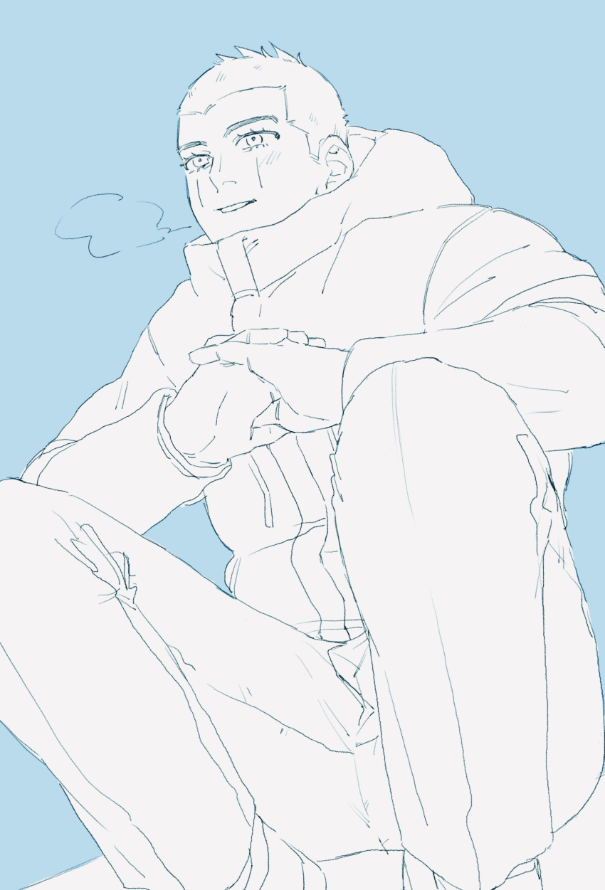 1boy, absurdres, alone_enen, blue_theme, breath, coat, commentary_request, dogsred