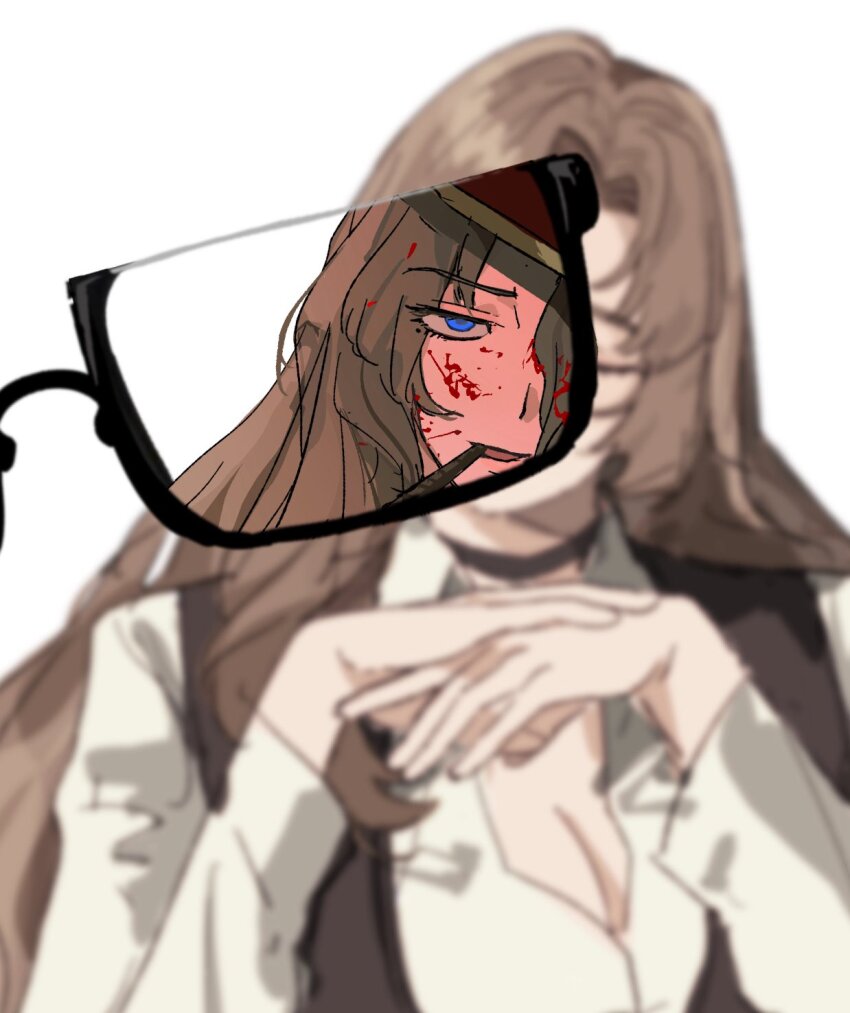 1girl, black-framed_eyewear, blood, blood_on_face, blue_eyes, breasts, brown_hair, choker