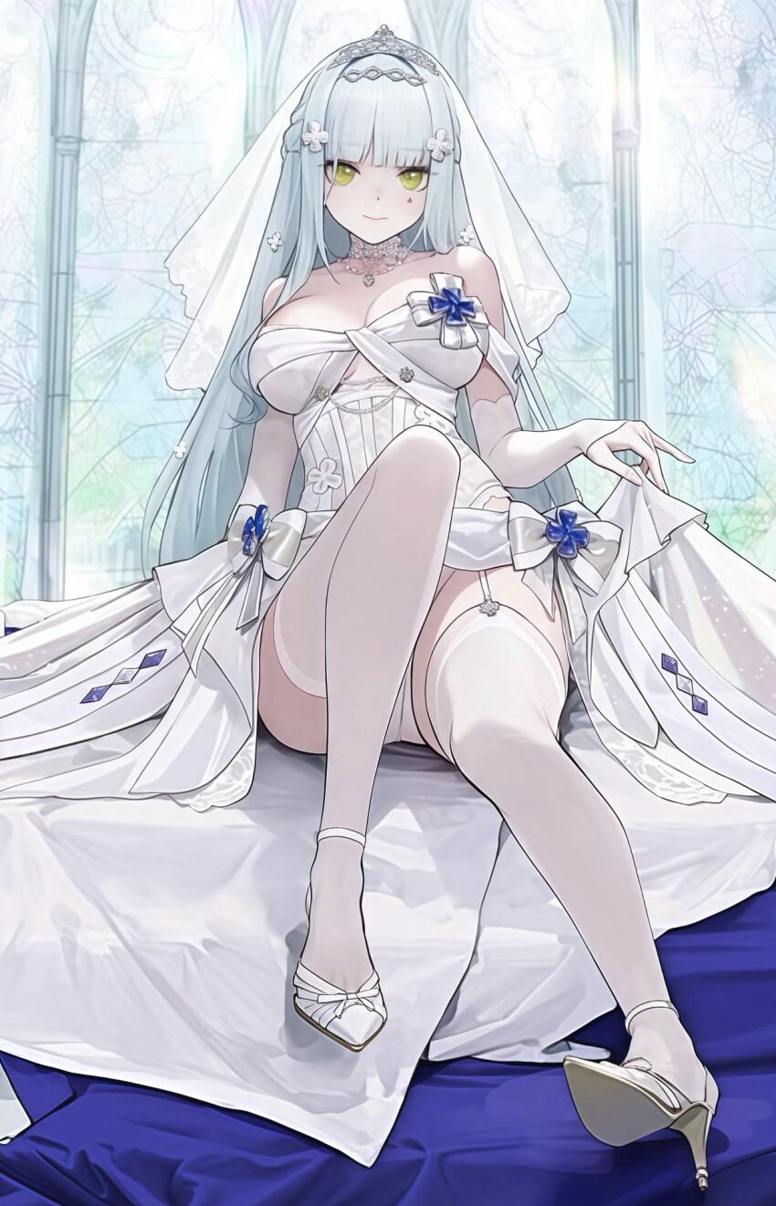 1girl, aqua_hair, blunt_bangs, breasts, bridal_veil, bride, commentary_request, dress, full_body, garter_straps, girls'_frontline, girls'_frontline_2:_exilium, high_heels, highres, hk416_(girls'_frontline), klukai_(girls'_frontline_2), knee_up, large_breasts, long_hair, looking_at_viewer, milk_tea_(freesky1031), panties, pantyshot, sitting, solo, strapless, strapless_dress, tattoo, teardrop, teardrop_tattoo, thighhighs, underwear, veil, wedding_dress, white_dress, white_garter_straps, white_thighhighs