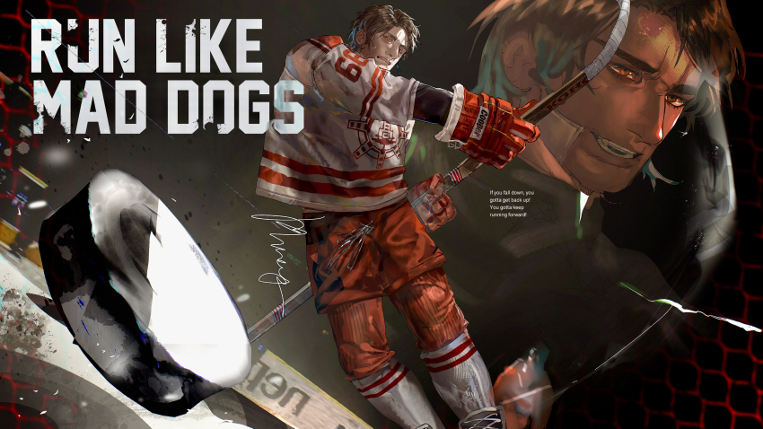 absurdres, bandage_on_cheek, brown_hair, dogsred, english_text, gloves, highres, hockey_puck