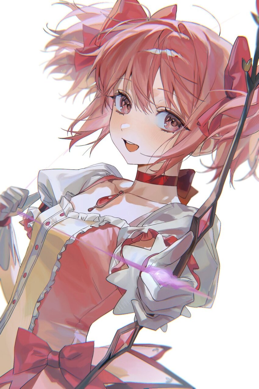 1girl, aiming, aiming_at_viewer, blush, bow, bow_(weapon), bow_choker, breasts