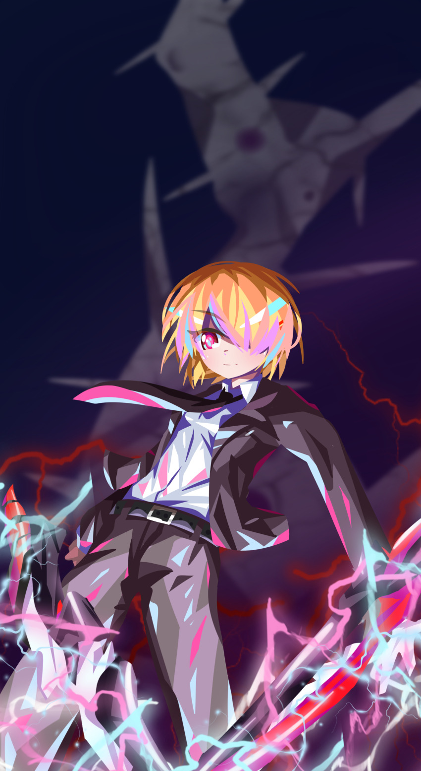 1girl, absurdres, black_necktie, black_suit, brown_hair, commentary_request, dual_wielding, evanhehehe