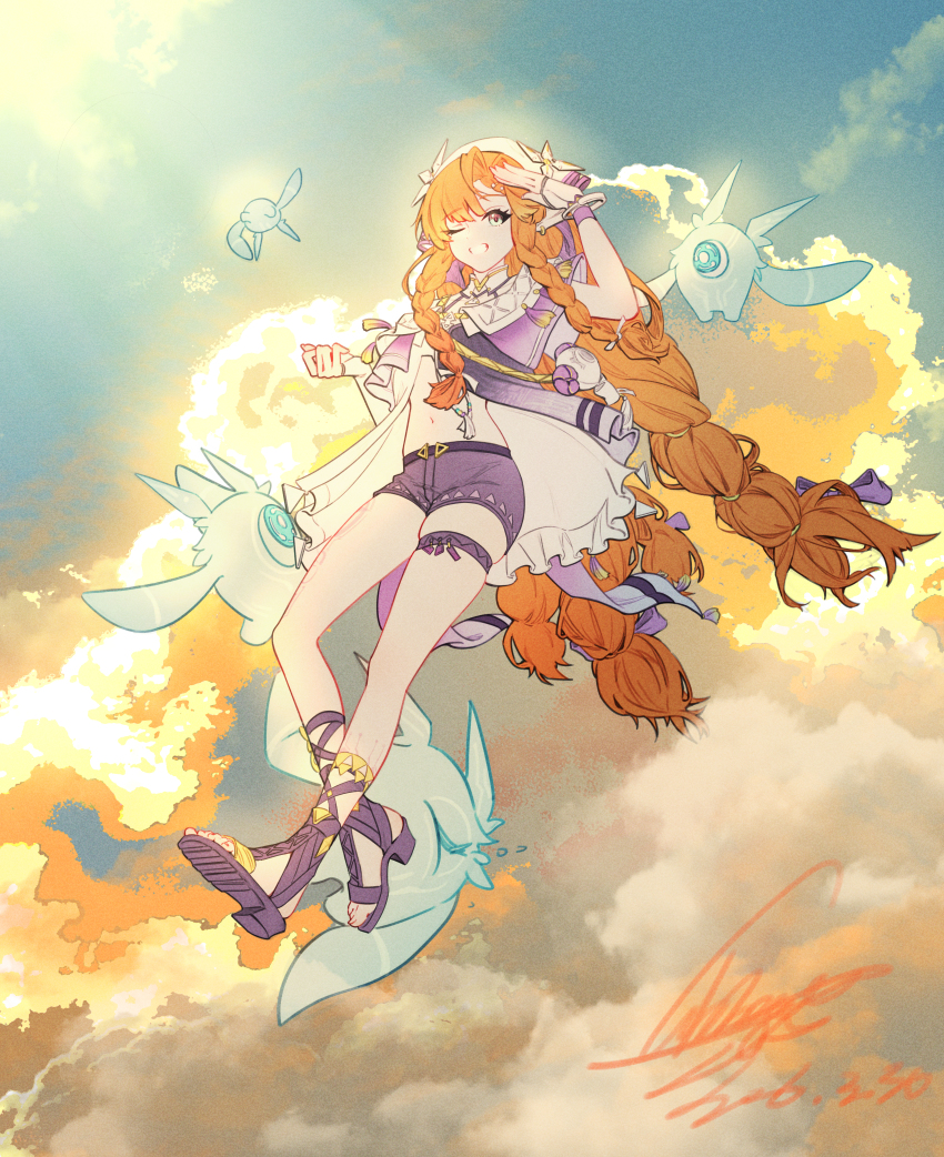 1girl, absurdres, commentary_request, fingerless_gloves, full_body, gloves, green_eyes, grin