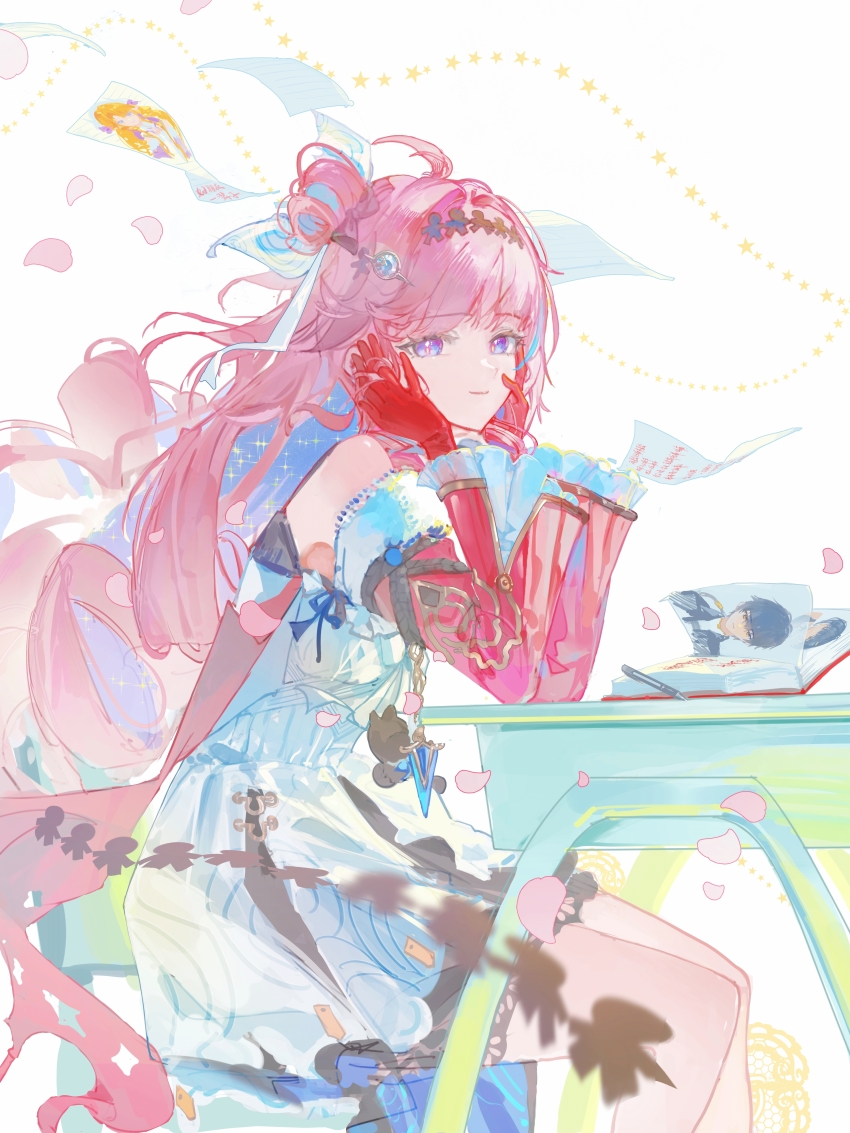 1girl, absurdres, ahoge, bare_shoulders, blue_eyes, breasts, chinese_commentary, closed_mouth