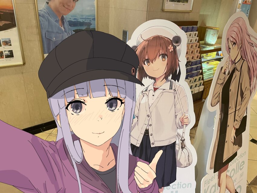 1girl, black_hat, blue_hair, blunt_bangs, cardboard_cutout, hat, hatsukaze_(kancolle), hatsukaze_(kure)_(kancolle)