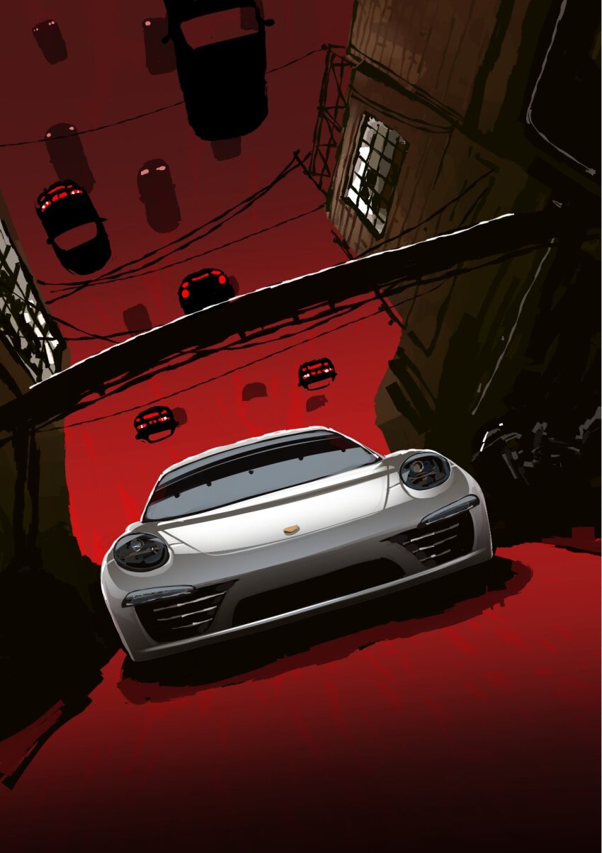 bridge, cable, car, commentary, english_commentary, highres, motor_vehicle, need_for_speed, need_for_speed:_most_wanted_(2012), no_humans, porsche_911, porsche_997, red_sky, reex_(maximumr3x), shadow, sky, sports_car, vehicle_focus, white_car