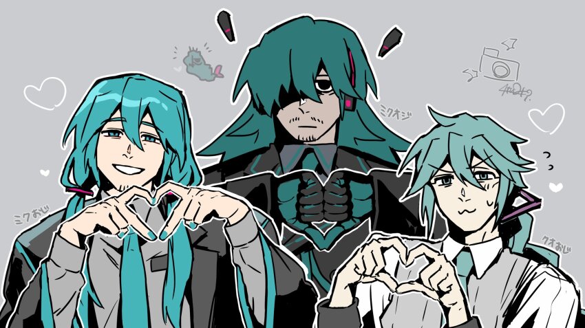 3boys, :3, atuhi, black_coat, black_eyes, black_gloves, blue_eyes, blue_gloves