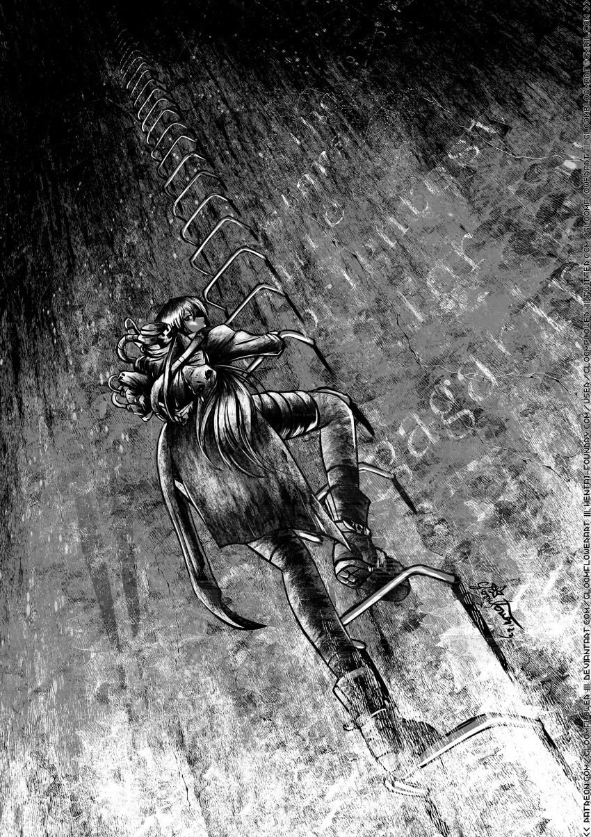 2girls, absurdres, amputee, black_sclera, carrying, carrying_person, climbing_ladder, coat