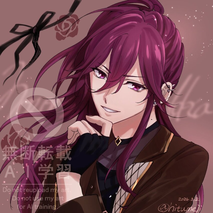 1boy, black_bow, black_gloves, black_ribbon, black_shirt, bow, brown_background, brown_jacket