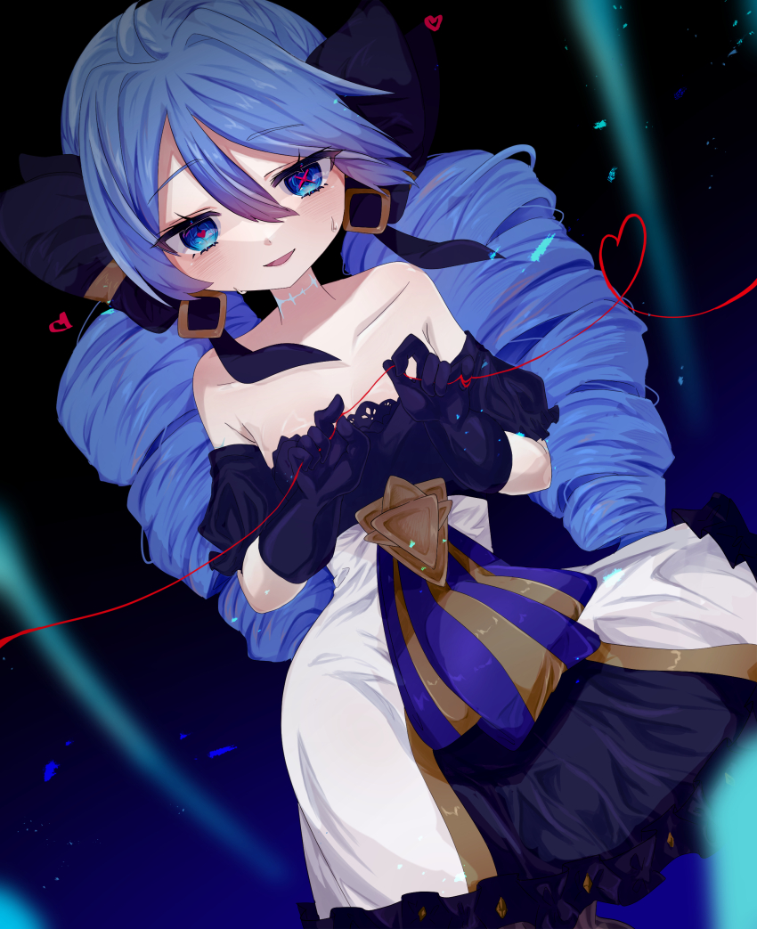 1girl, :d, absurdres, ahoge, bare_shoulders, black_bow, black_dress, black_gloves, blush, bow, breasts, collarbone, detached_sleeves, dress, drill_hair, gloves, green_hair, gwen_(league_of_legends), hair_bow, heart, highres, kurage_no_ko_(kuragewan34), league_of_legends, long_hair, looking_at_viewer, multicolored_dress, open_mouth, puffy_short_sleeves, puffy_sleeves, shiny_skin, short_sleeves, small_breasts, smile, solo, string, string_of_fate, twin_drills, twintails, white_dress