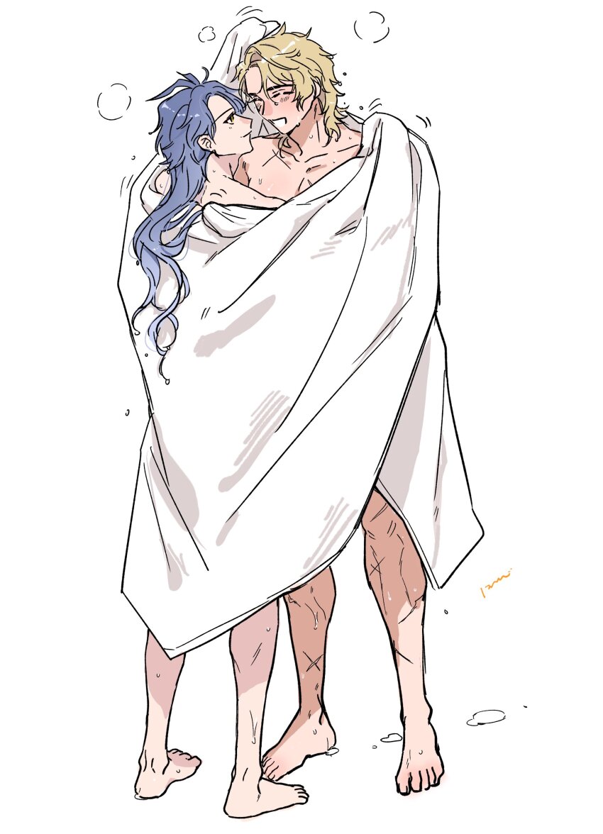 2boys, absurdres, blue_hair, closed_eyes, closed_mouth, collarbone, commentary_request, flins_(genshin_impact)