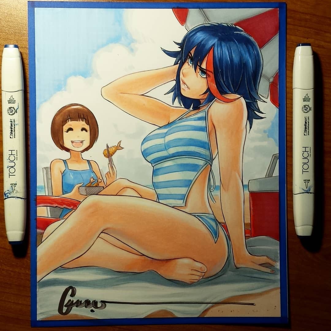 2girls, bare_shoulders, barefoot, beach, beach_towel, beach_umbrella, bikini, blue_bikini