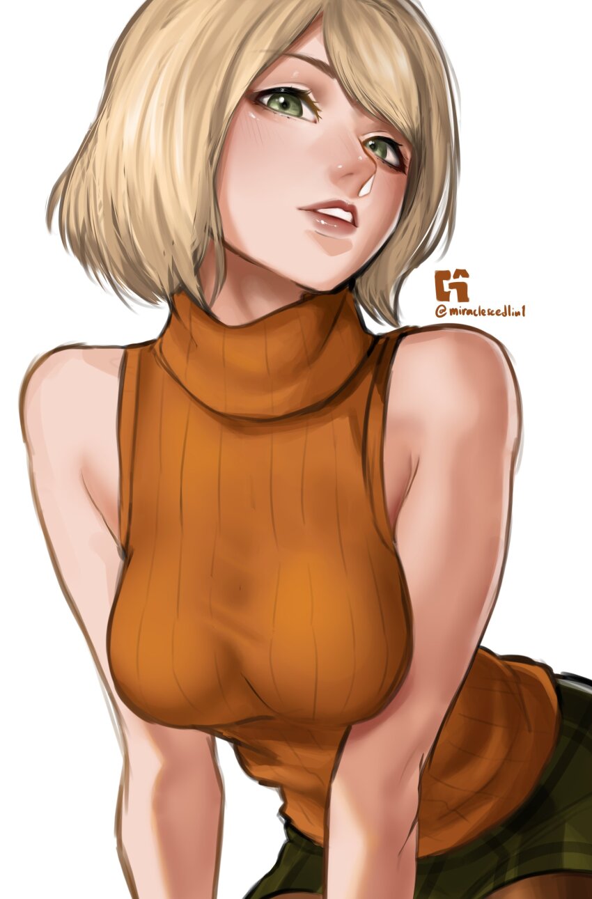 1girl, absurdres, any_emu_7725, ashley_graham, bare_arms, bare_shoulders, blonde_hair, breasts