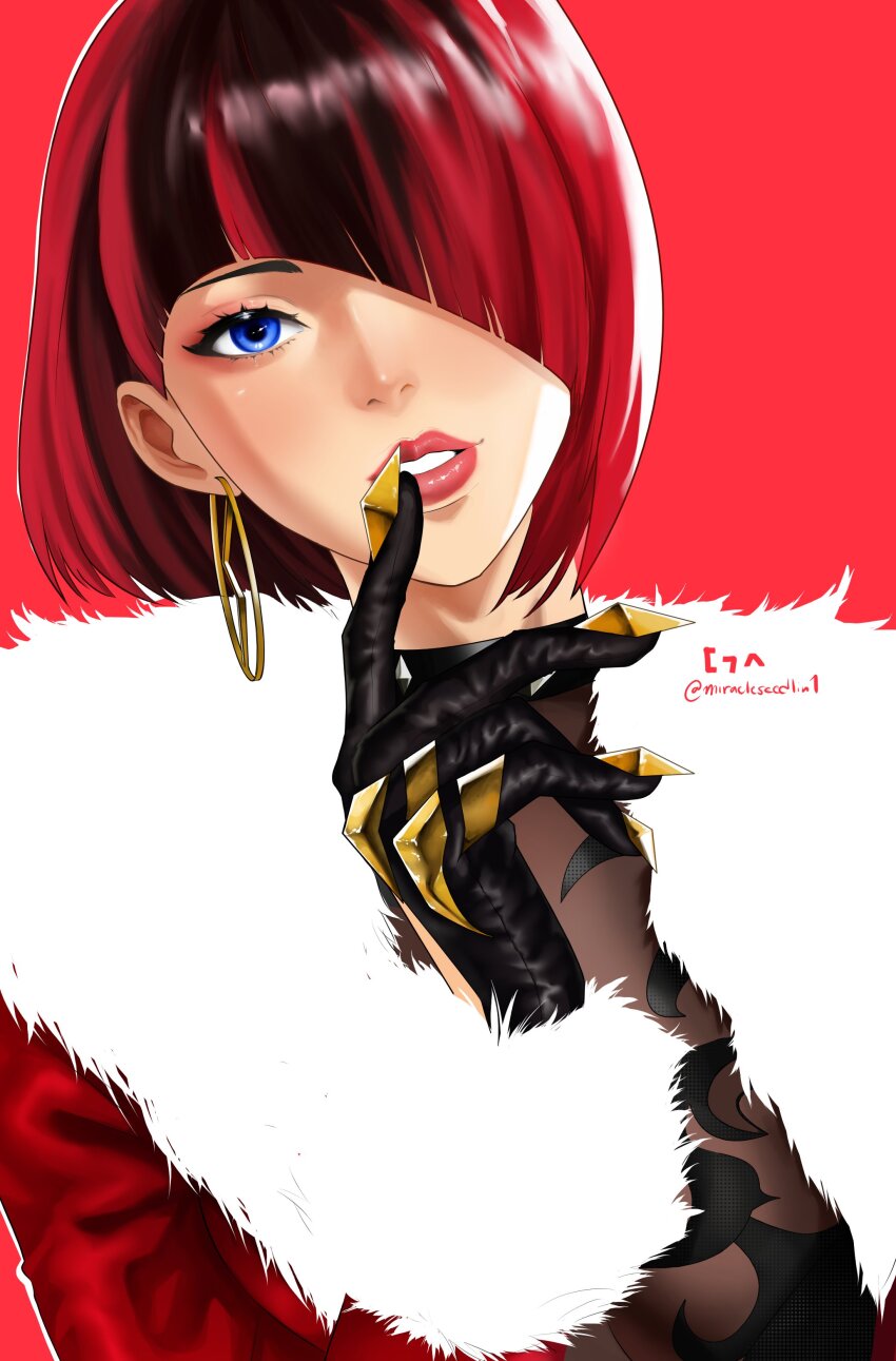 1girl, absurdres, anna_williams, any_emu_7725, black_gloves, black_hair, blue_eyes, claw_(weapon)