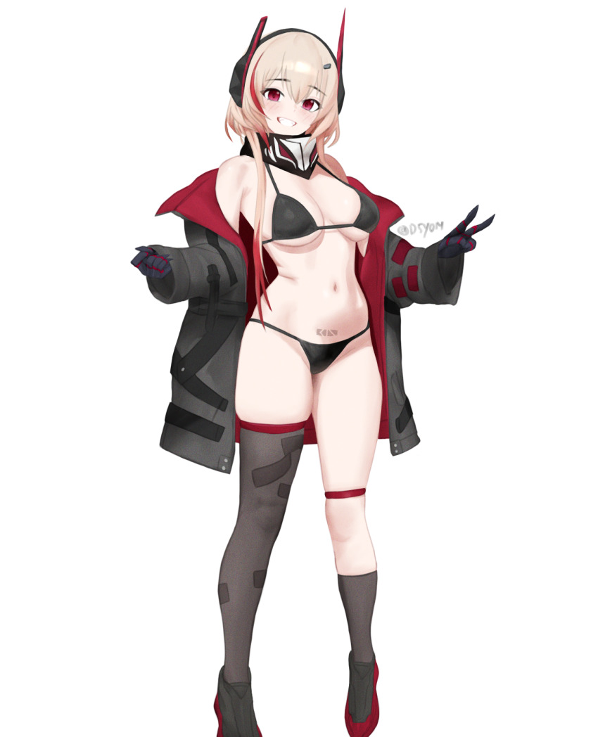 bare_shoulders, bikini, black_bikini, black_bra, black_gloves, black_jacket, black_panties, blonde_hair