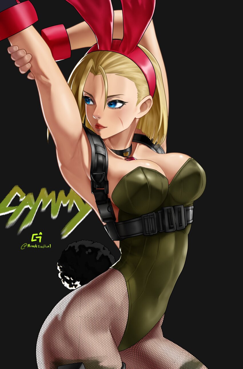 1girl, absurdres, animal_ear_hairband, animal_ears, any_emu_7725, armpits, arms_behind_head, blonde_hair