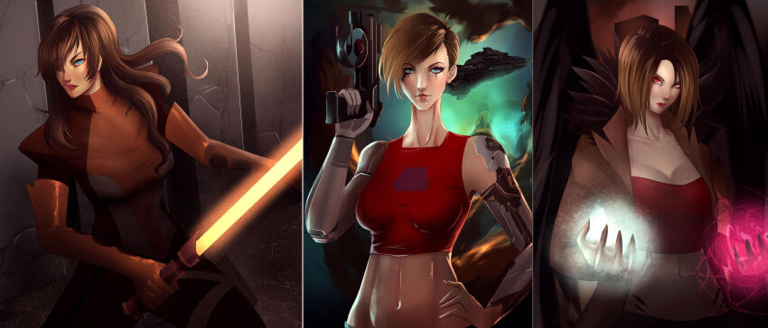 absurdres, asymmetrical_bangs, black_wings, blue_eyes, breasts, brown_hair, brown_jacket, capital_ship_(eve_online)