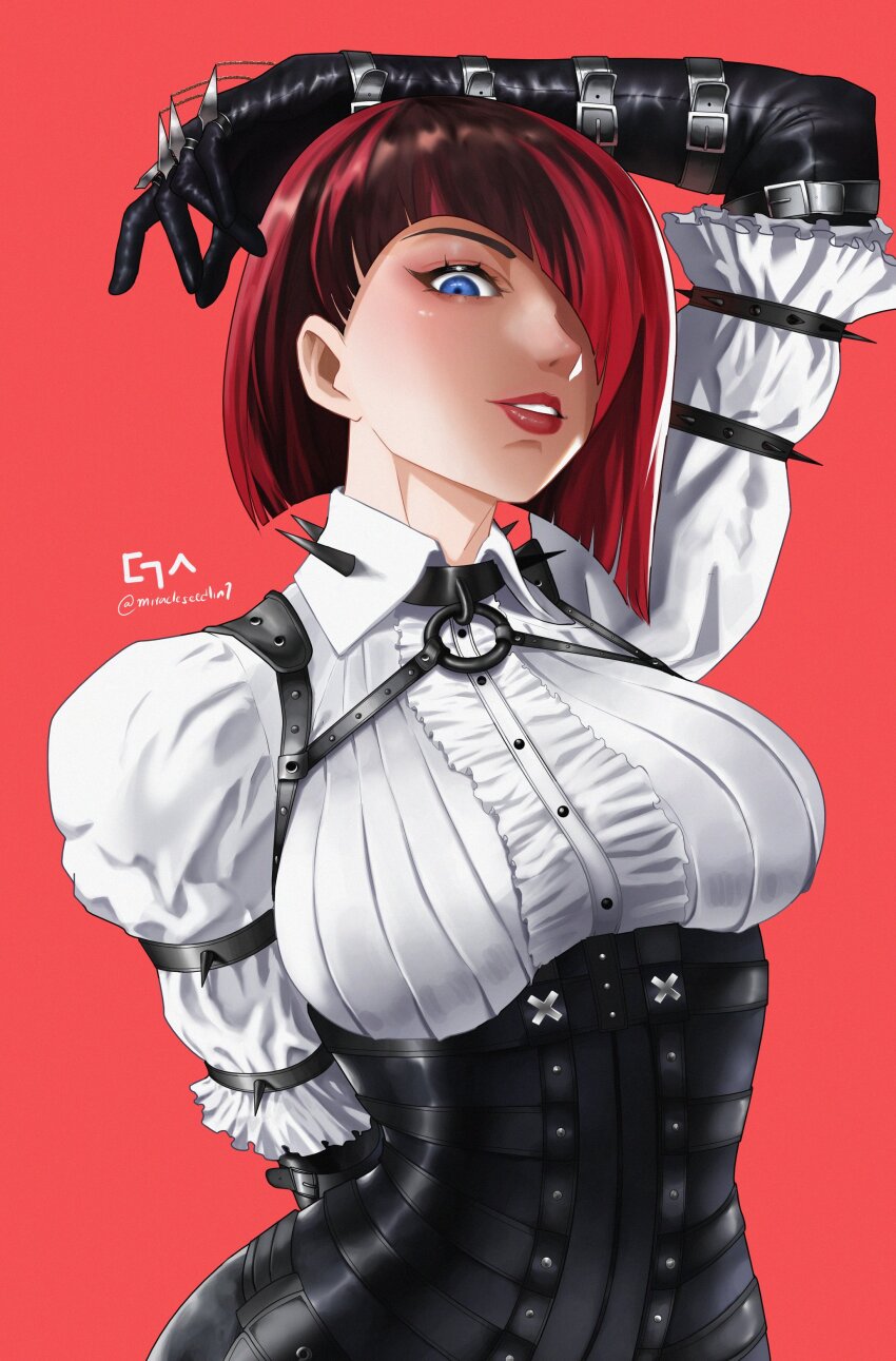 1girl, absurdres, anna_williams, any_emu_7725, arm_behind_head, black_corset, black_gloves, black_hair