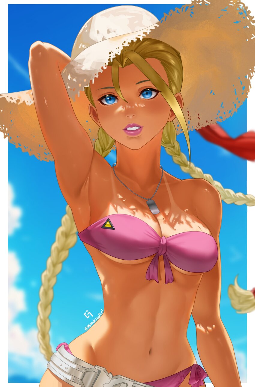 1girl, absurdres, any_emu_7725, arm_behind_head, armpits, bare_arms, bikini, blonde_hair, blue_eyes, blue_sky, border, braid, breasts, cammy_white, cleavage, dog_tags, drinking_straw, hair_between_eyes, highres, long_hair, medium_breasts, midriff, navel, parted_lips, pink_bikini, pink_lips, sky, solo, street_fighter, street_fighter_6, swimsuit, tan, tanline, twin_braids, twitter_username, underboob, white_border