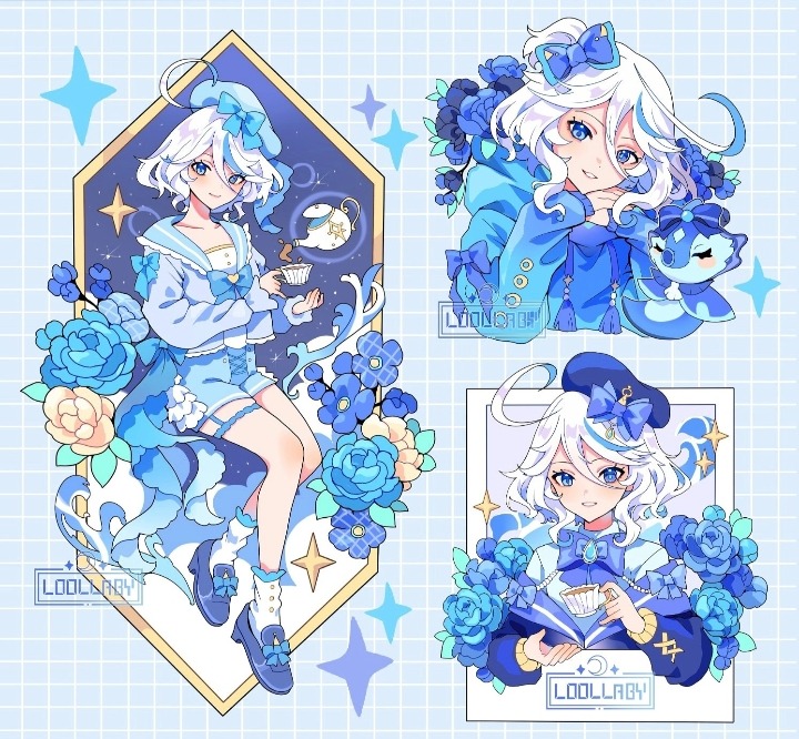 1girl, ahoge, aqua_hair, beret, blue_background, blue_bow, blue_bowtie, blue_eyes