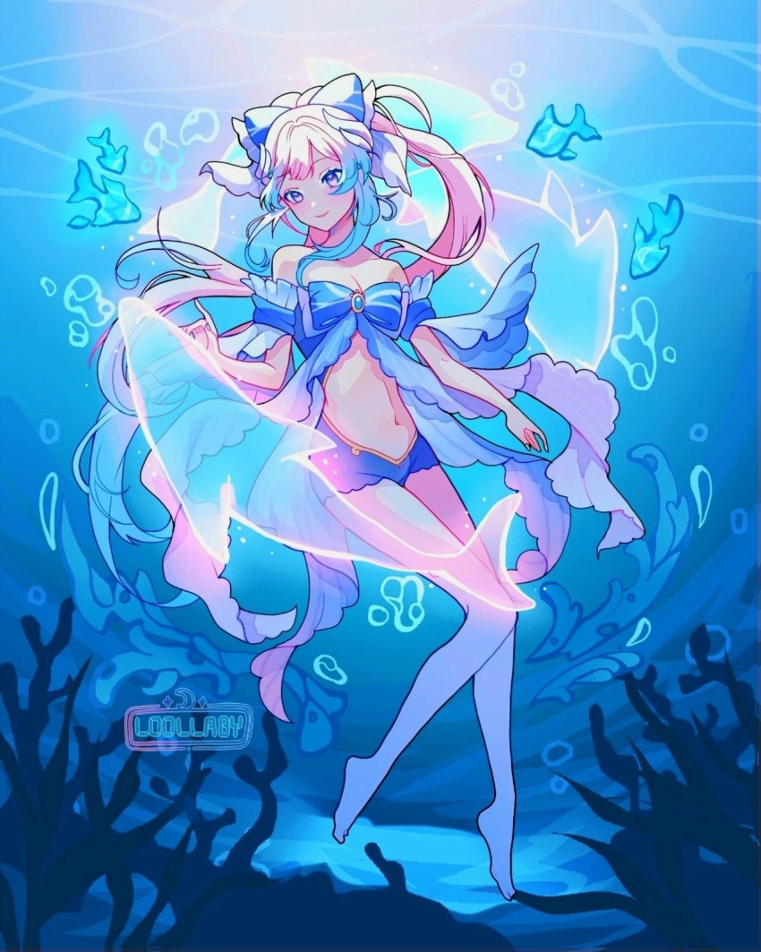 1girl, artist_name, bare_shoulders, barefoot, blonde_hair, blue_bow, blue_eyes, blue_hair