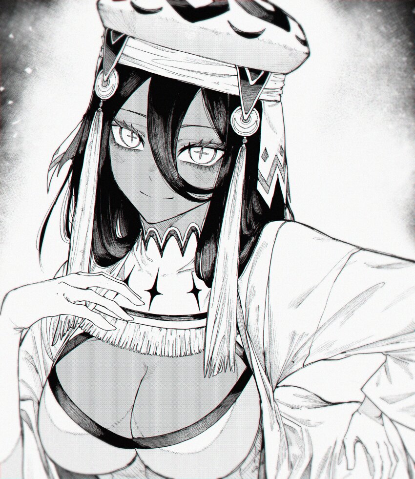 1girl, absurdres, alrescha_(galaxias), blush, breasts, chromatic_aberration, cleavage, closed_mouth