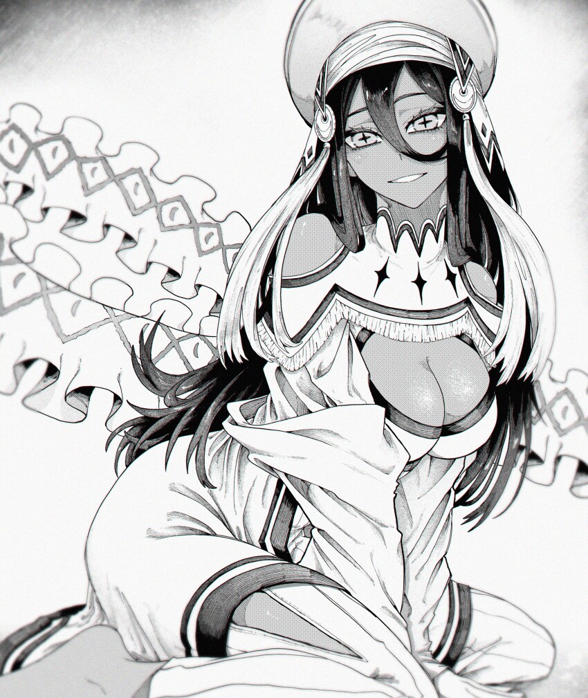 1girl, absurdres, alrescha_(galaxias), arm_support, bare_shoulders, breasts, capelet, chromatic_aberration