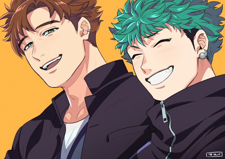 2boys, asamine_matakara, black_jacket, brown_hair, bucchigiri?!, closed_eyes, commentary_request, earrings, green_eyes, green_hair, highres, jacket, jewelry, laughing, looking_at_viewer, male_focus, masuiiizo, multiple_boys, open_mouth, portrait, shirt, simple_background, smile, spiked_hair, upper_body, white_shirt, yellow_background, zabu_kakeru, zipper