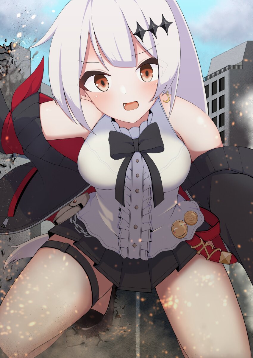 1girl, absurdres, bare_shoulders, black_bow, black_bowtie, black_skirt, bow, bowtie, brown_eyes, building, city, commentary, commission, english_commentary, five-seven_(girls'_frontline), giant, giantess, girls'_frontline, hair_ornament, highres, hiyoko_monaka, leg_ribbon, long_hair, looking_at_viewer, open_mouth, outdoors, pleated_skirt, ponytail, ribbon, second-party_source, shirt, skeb_commission, skirt, sleeveless, sleeveless_shirt, solo, thigh_ribbon, very_long_hair, white_hair, white_shirt