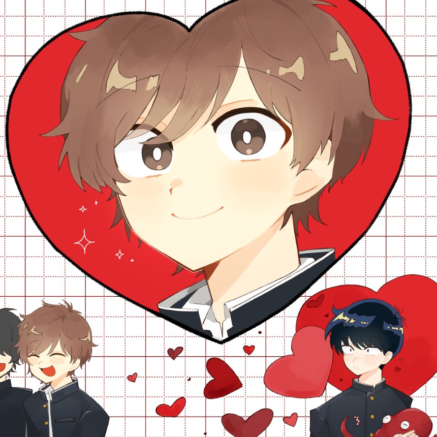 3boys, animal, black_hair, brown_eyes, brown_hair, buttons, campbell_ee, commentary_request