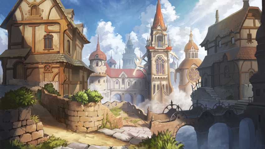 above_clouds, absurdres, arch, blue_sky, brick_wall, bridge, bush, church, cloud, commentary_request, cumulonimbus_cloud, cupola_(building), day, dome, door, fantasy, highres, no_humans, original, outdoors, ram-a, scenery, sky, spire, stairs, stone_stairs, sunlight, tile_floor, tiles, town, transom_window, window