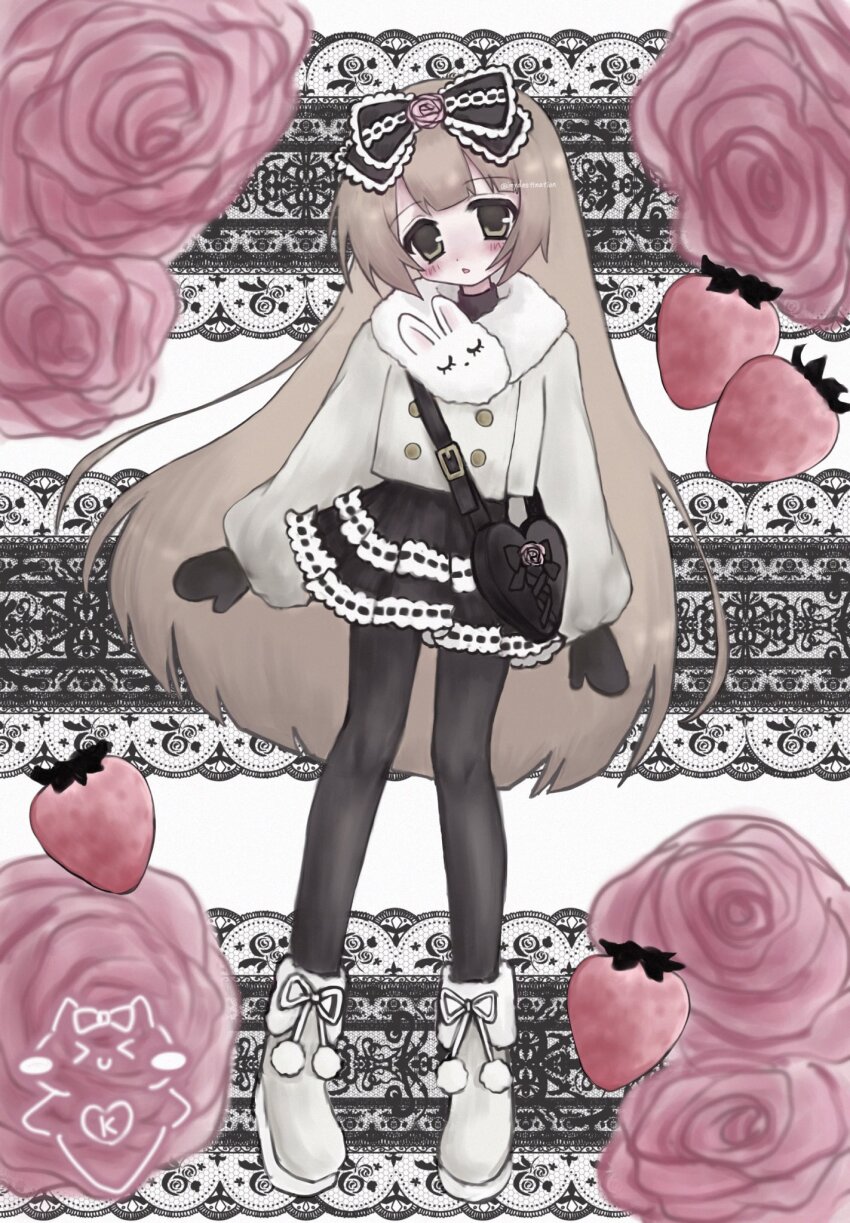 1girl, animal_scarf, ascii_art, bag, blush, boots, bow, brown_eyes