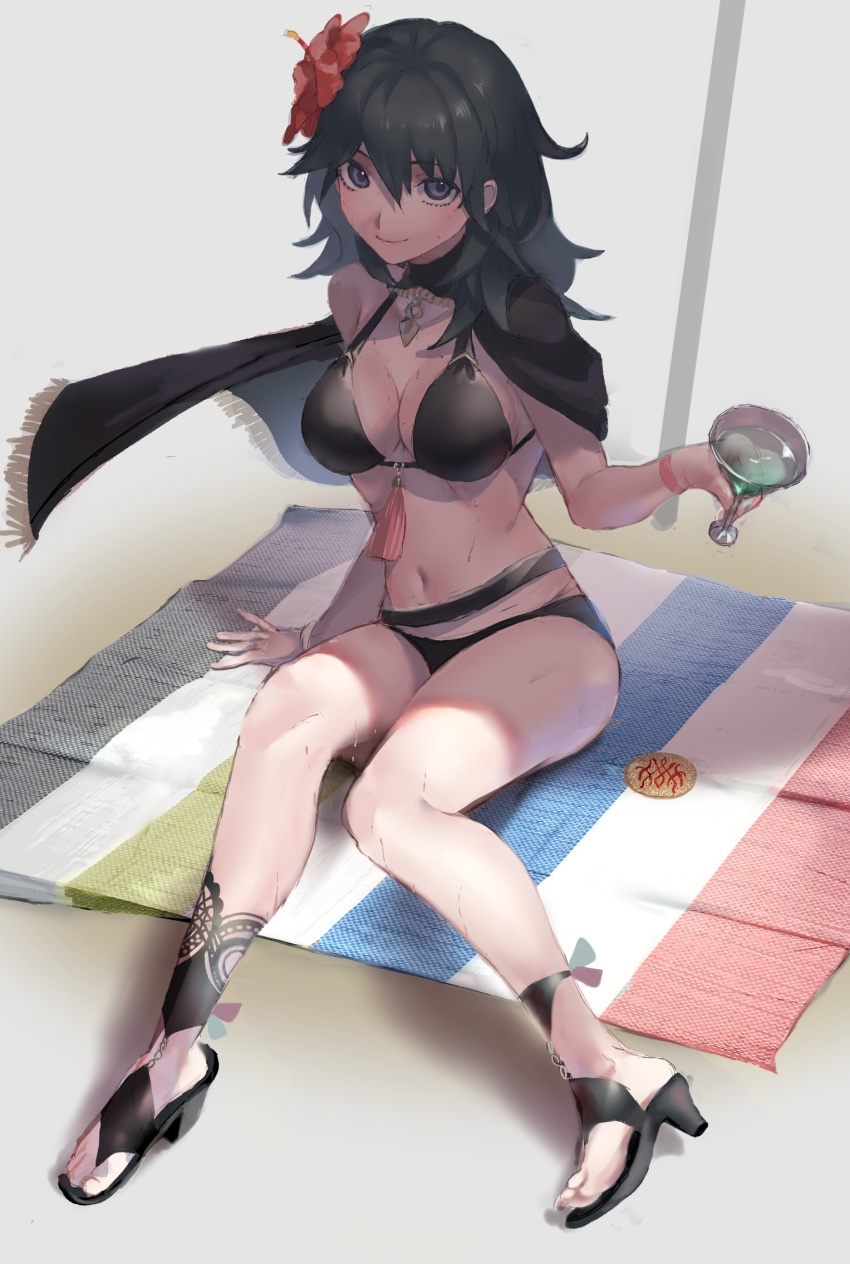 1girl, beach, beach_towel, beach_umbrella, bikini, black_bikini, black_cape, blue_eyes