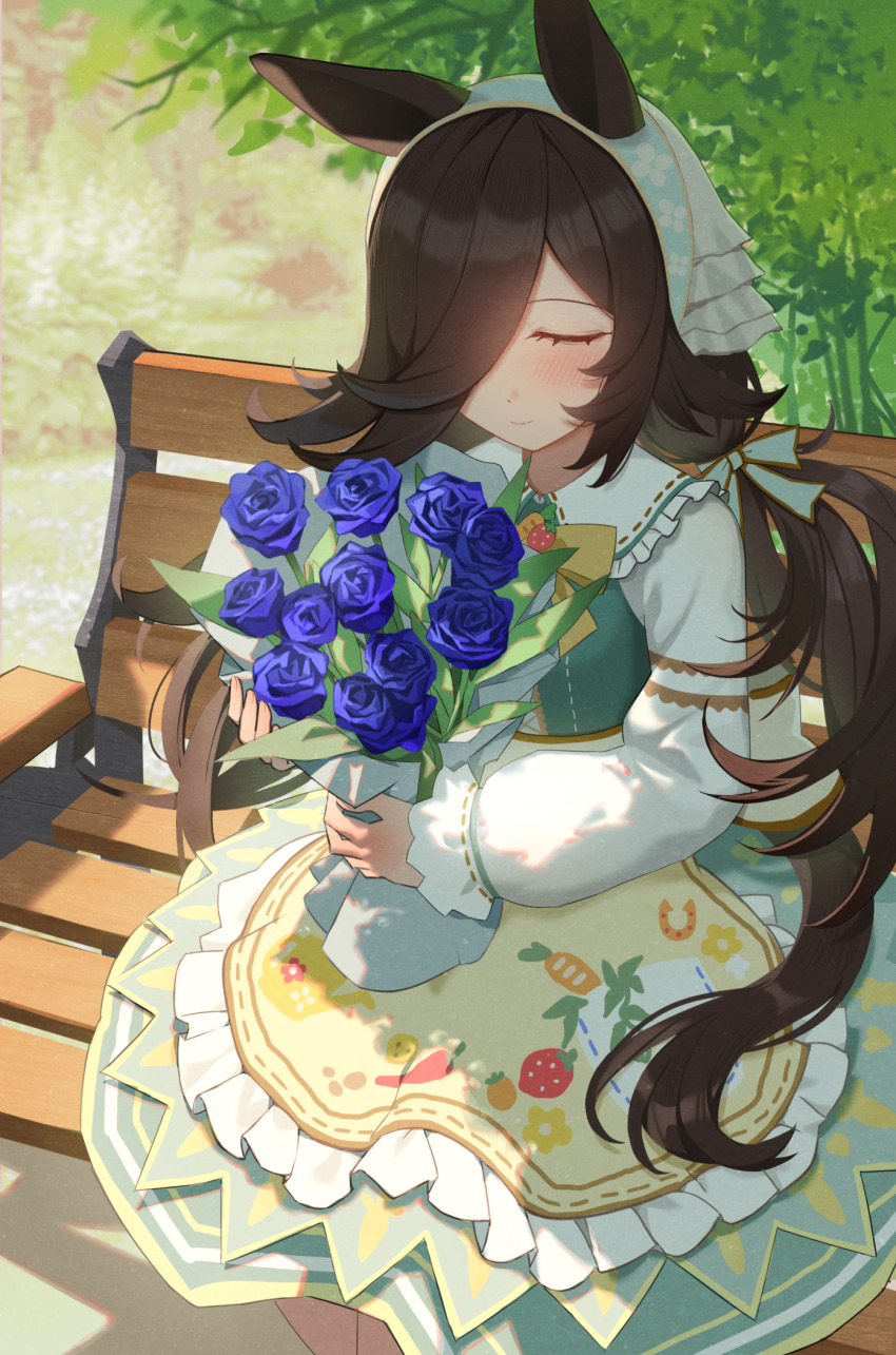 1girl, animal_ears, apron, bench, blush, bouquet, breasts, brown_hair