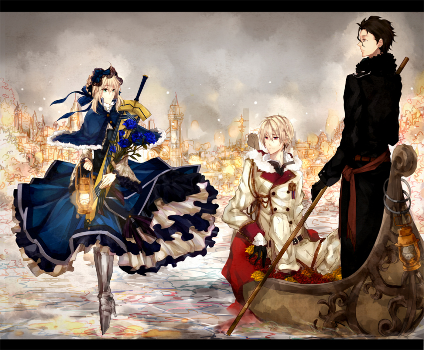 1girl, 2boys, 9tsumura, aiguillette, alternate_costume, armor, artoria_pendragon_(fate), avalon_(fate), bad_id, bad_pixiv_id, badge, belt, black_gloves, black_hair, blonde_hair, blue_dress, blue_flower, blue_rose, building, buttons, capelet, carrying, city, coat, diarmuid_ua_duibhne_(fate), diarmuid_ua_duibhne_(lancer)_(fate), dress, earrings, excalibur_(fate/stay_night), fate/stay_night, fate/zero, fate_(series), flower, flower_bed, frilled_skirt, frilled_sleeves, frills, fur_trim, gilgamesh_(fate), gloves, gondola, greaves, green_eyes, hair_bun, hair_ribbon, headdress, hug, jewelry, kerosene_lamp, letterboxed, long_sleeves, looking_at_another, military, military_uniform, multiple_boys, paddle, pants, red_eyes, red_flower, red_rose, ribbon, rose, saber_(fate), sash, sheath, sheathed, short_hair, single_hair_bun, sitting, skirt, sky, smile, standing, sword, tree, water, weapon, wide_sleeves, yellow_eyes, yellow_flower, yellow_rose