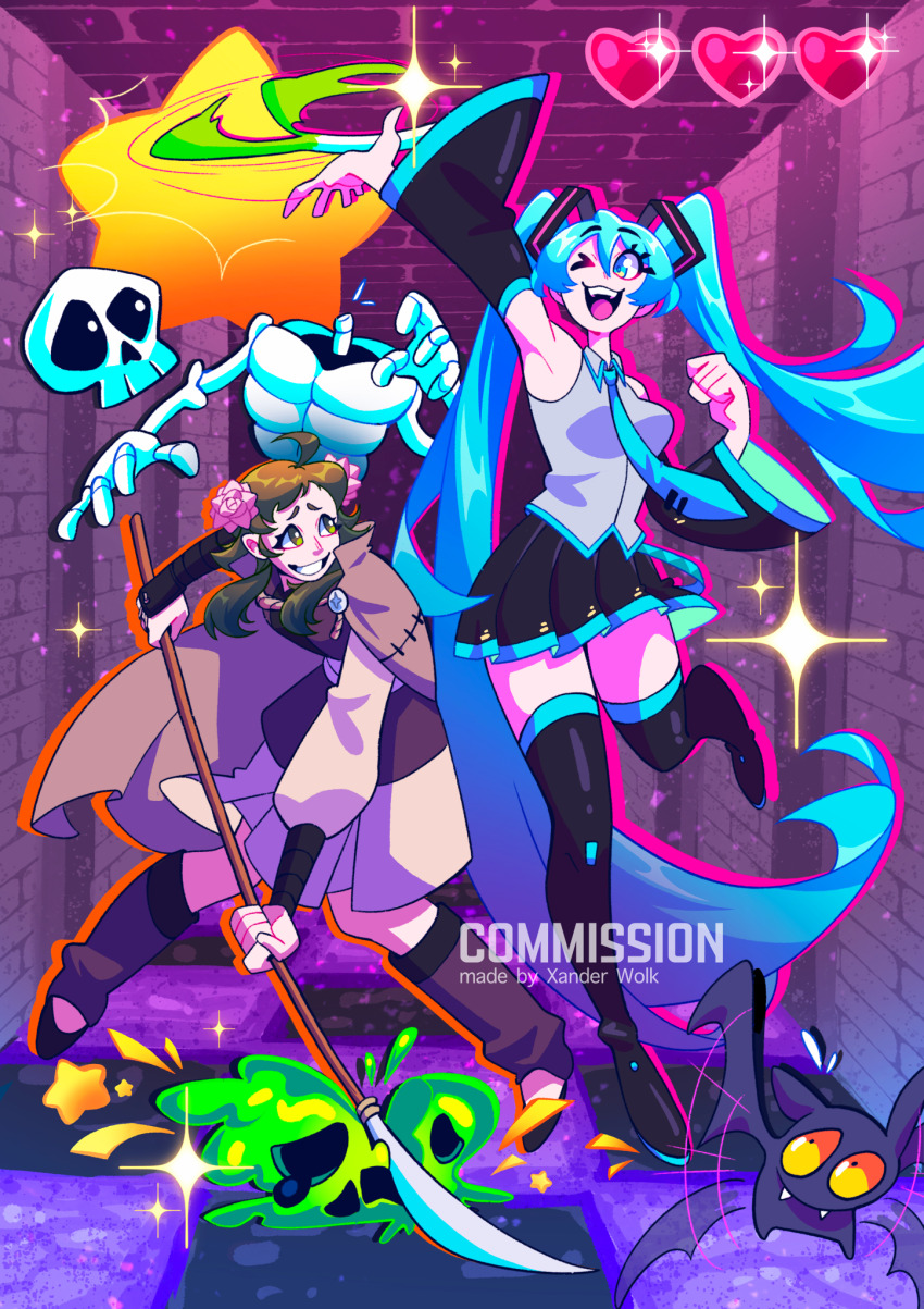 2girls, bat_(animal), blue_hair, brown_eyes, brown_hair, commission, crypt_of_the_necrodancer, fire_emblem