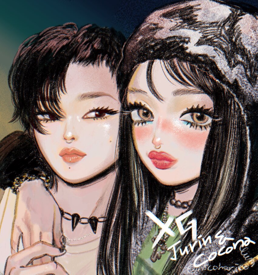 1girl, 1other, androgynous, arm_around_shoulder, black_hair, black_hat, black_jacket, blush