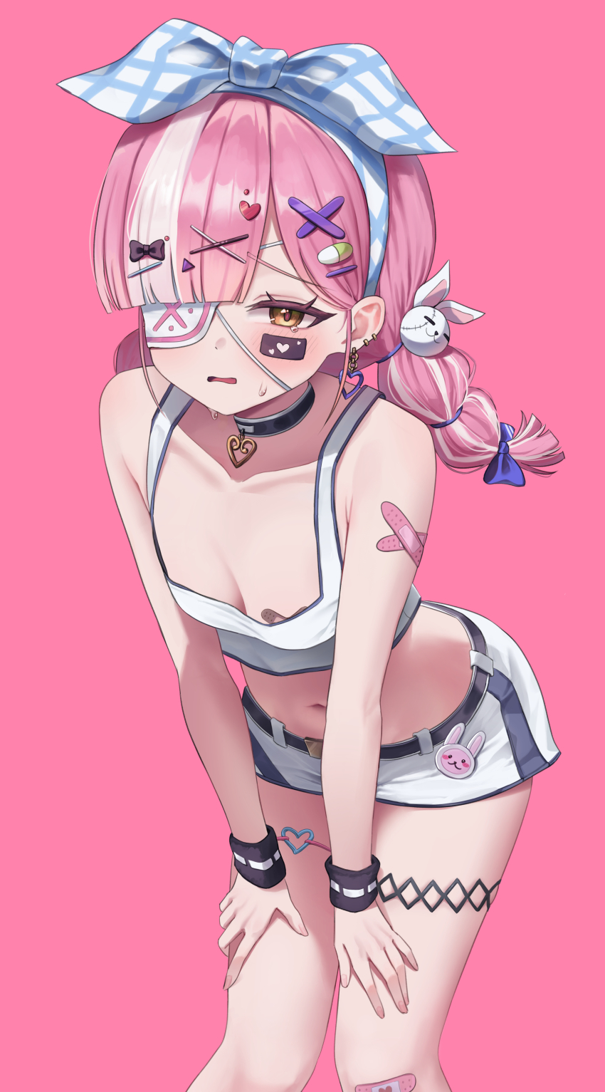 1girl, absurdres, azur_lane, bandaid, bandaid_on_arm, bandaid_on_knee, bandaid_on_leg, bandaids_on_nipples, bare_shoulders, belt, bent_over, blush, braid, breasts, choker, cleavage, crop_top, embarrassed, exhausted, eyepatch, hair_ornament, hair_ribbon, hairband, hairclip, half-closed_eyes, hands_on_own_thighs, heart, heart_choker, heart_o-ring, highres, long_hair, micro_shorts, multicolored_hair, navel, o-ring, pasties, pink_hair, ribbon, sakoronia, shorts, small_breasts, solo, standing, streaked_hair, tank_top, tears, twin_braids, twintails, two-tone_hair, white_hair, white_tank_top, x_hair_ornament, yellow_eyes, z47_(azur_lane), z47_(batter_home_run)_(azur_lane)