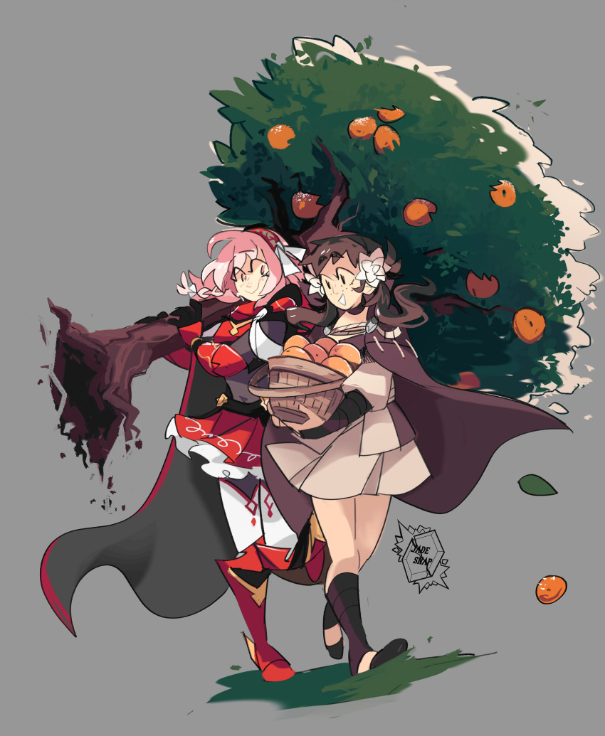 2girls, absurdres, ahoge, armor, brown_eyes, brown_hair, collared_cloak, commission, fire_emblem, fire_emblem_engage, fire_emblem_fates, flower, food, freckles, fruit, grey_hairband, hair_flower, hair_ornament, hair_ribbon, hairband, highres, jadesnapart, lapis_(fire_emblem), mozu_(fire_emblem), multicolored_hairband, multiple_girls, nintendo, orange_(fruit), orange_tree, pink_eyes, pink_hair, red_armor, red_hairband, ribbon, short_hair, smile, tree, two-tone_hairband, white_ribbon