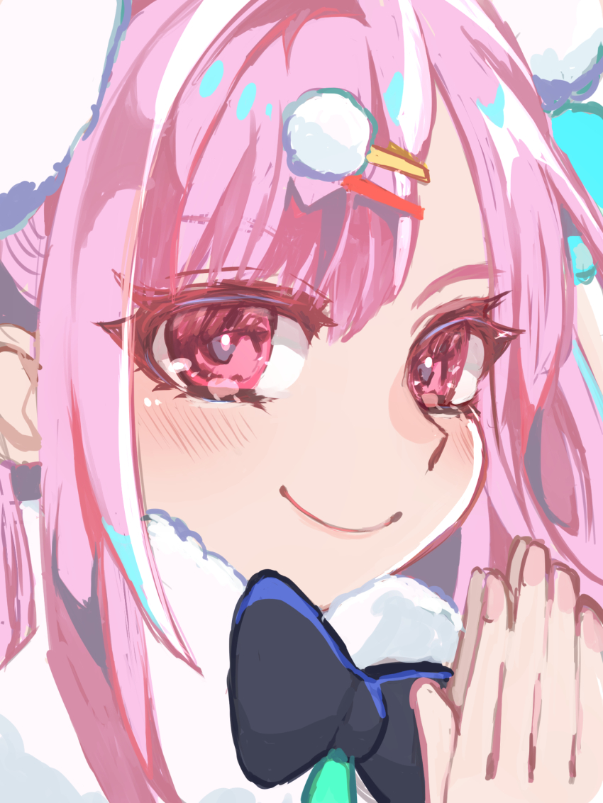 1girl, black_bow, black_bowtie, blush, bow, bowtie, closed_mouth, commentary_request