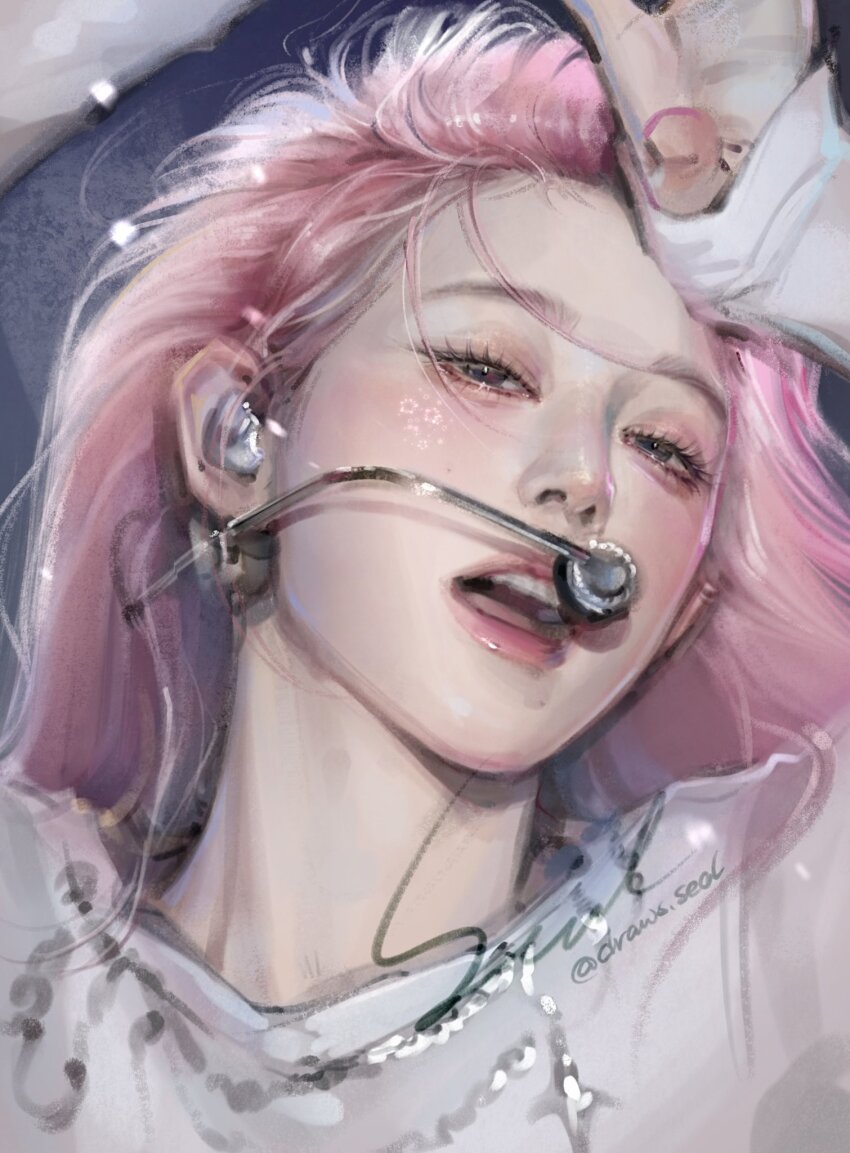 blue_background, blush, brown_eyes, cable, drawsseal, earpiece, gaeul_(ive), grey_hair