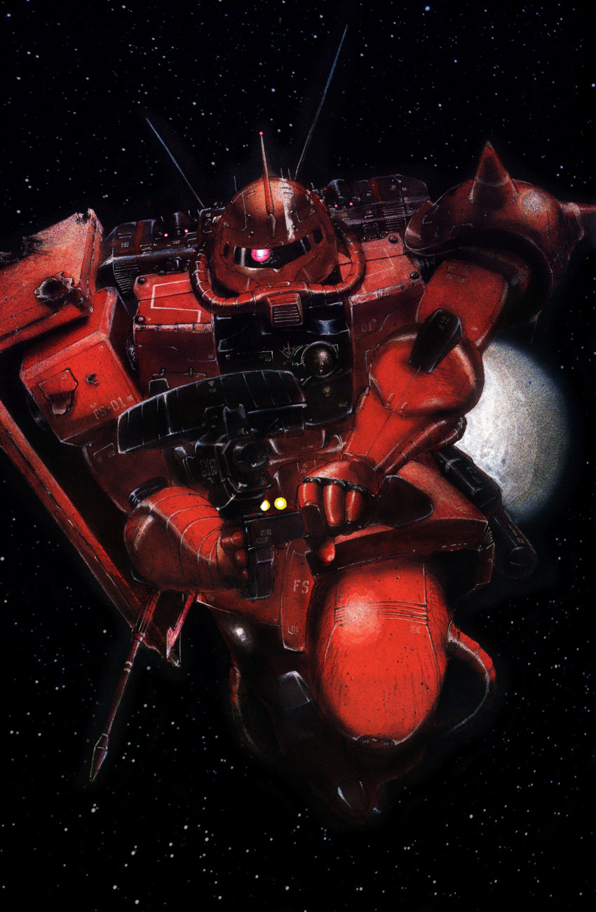 1980s_(style), aiming, aiming_at_viewer, cable, gun, gundam, highres, holding