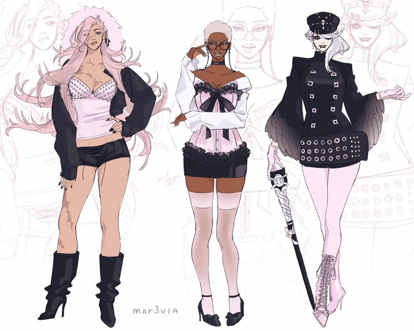 3girls, absurdres, black_jacket, black_skirt, breasts, cane, corset, dark-skinned_female