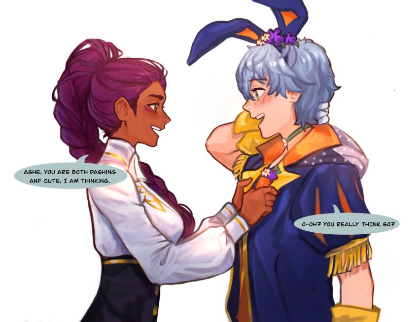 1boy, 1girl, :d, absurdres, adjusting_another's_clothes, arm_behind_head, ashe_ubert, ashe_ubert_(spring)