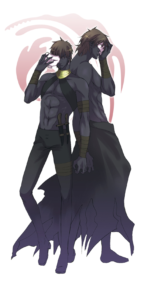 2boys, aged_down, assassin_(fate/zero), assassin_(fate/zero)_(cosplay), bad_id, breasts, brown_eyes, brown_hair, cosplay, dark-skinned_male, dark_skin, fate/stay_night, fate/zero, fate_(series), jewelry, kotomine_kirei, kotomine_kirei_(fate/zero), lots_of_jewelry, m3o2nfu73, mask, mullet, multiple_boys, underboob