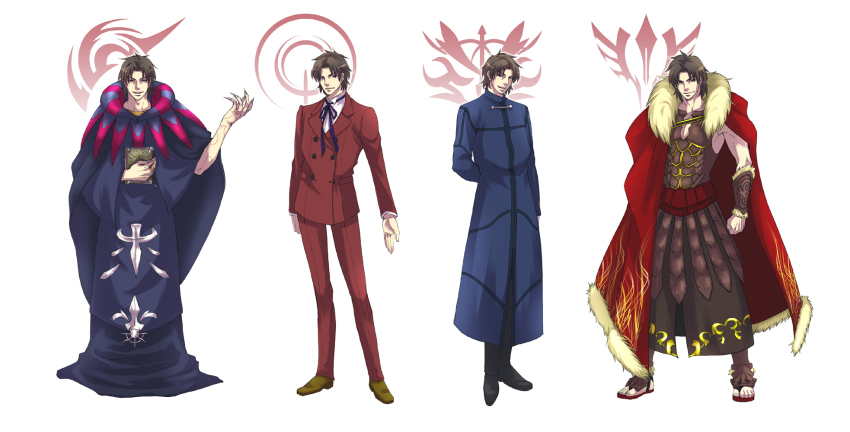 4boys, bad_id, brown_eyes, brown_hair, cosplay, costume_chart, fate/stay_night, fate/zero