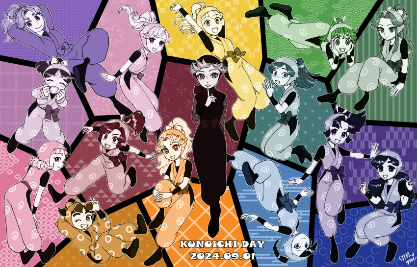 6+girls, akko_(rakudai_ninja_rantarou), ayaka_(rakudai_ninja_rantarou), blush_stickers, bow, closed_eyes, commentary_request, eeko_(rakudai_ninja_rantarou)