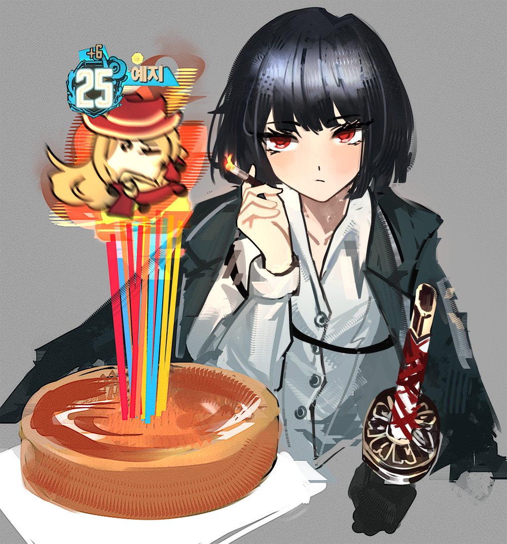 1girl, birthday, birthday_cake, black_hair, bob_cut, buttons, cake, chiikawa
