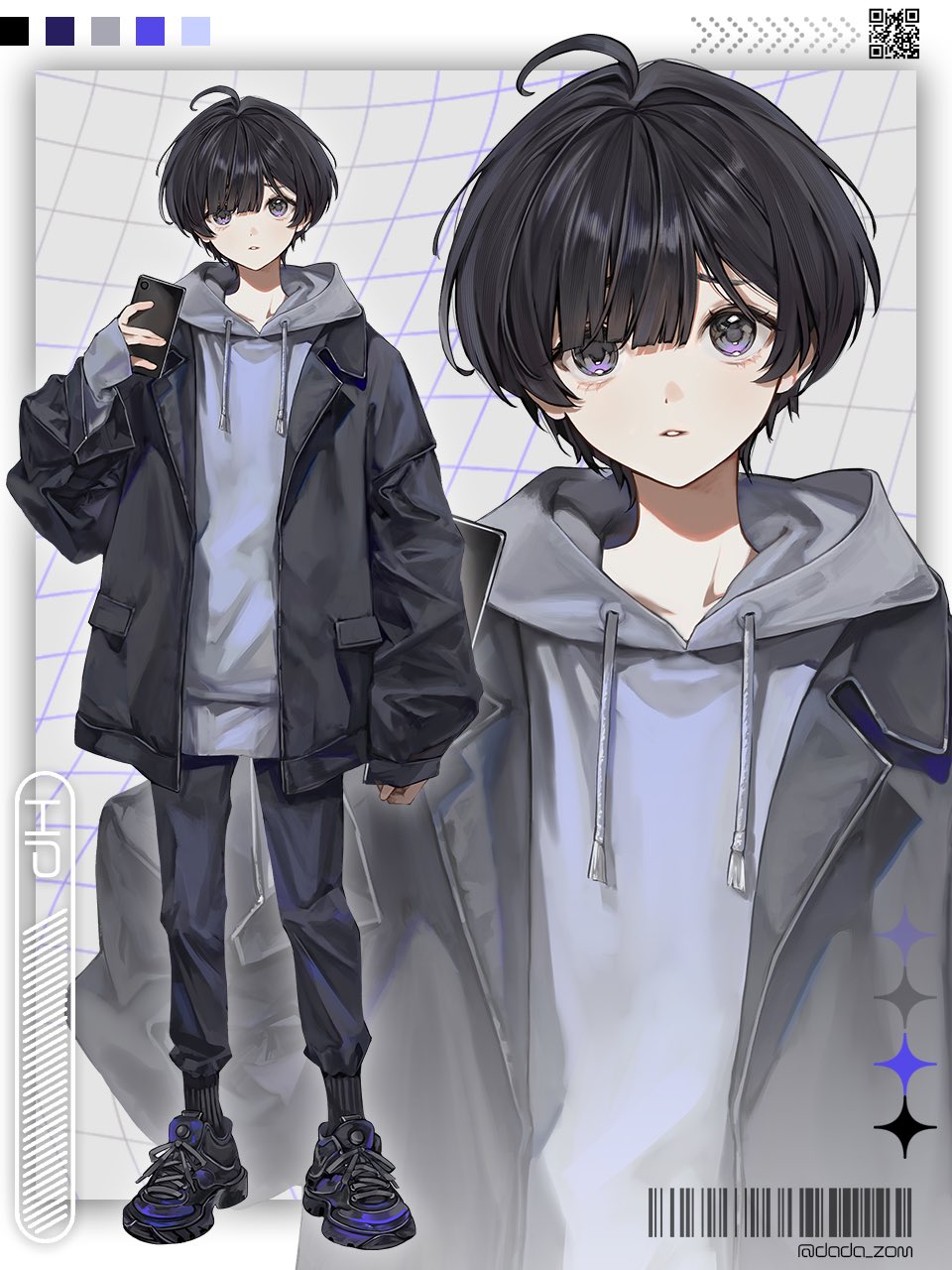 1other, ahoge, androgynous, asymmetrical_bangs, barcode, black_coat, black_hair, black_pants